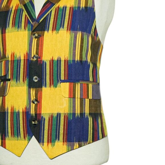 Mens Vest 46R Ikat Plaid Multicolor Cotton Waistcoat Western Preppy Casual Party - Picture 5 of 8